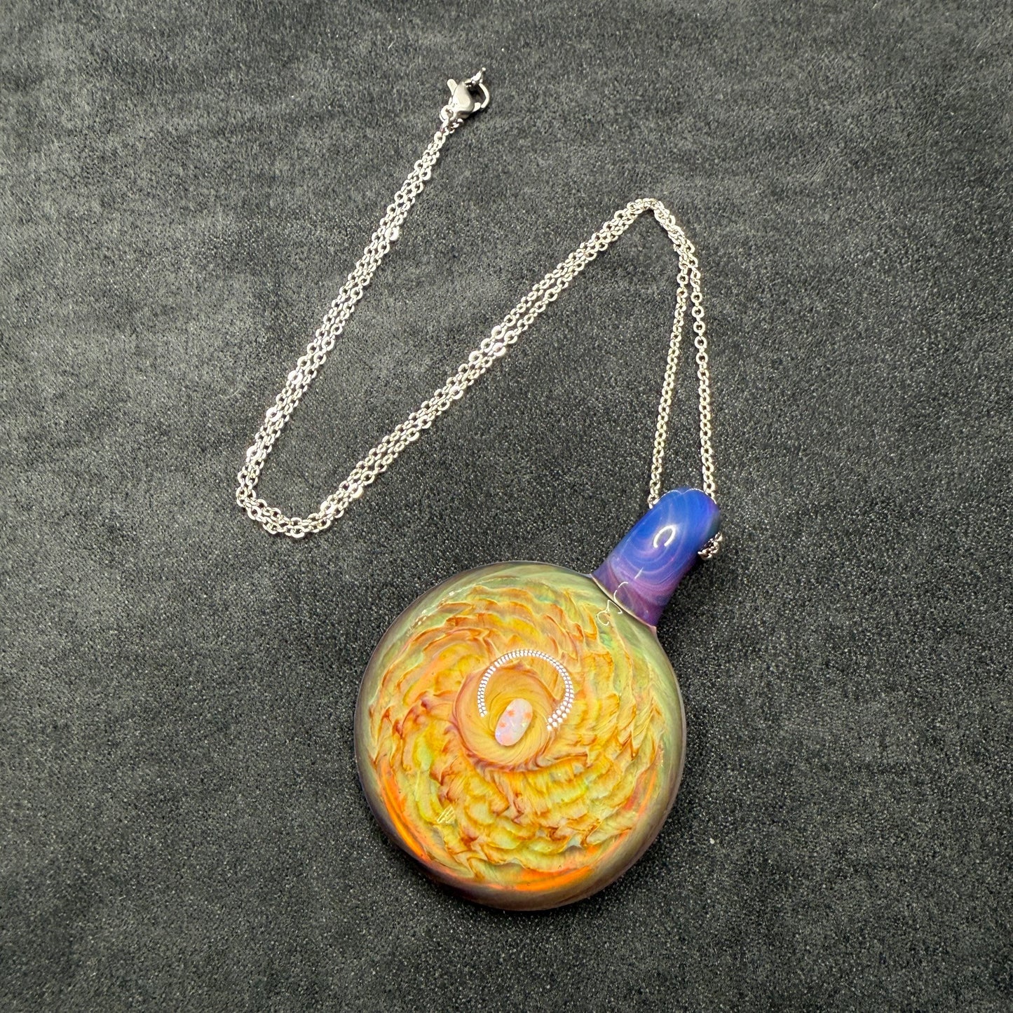 Large Glass Pendant Implosion Technique with Opal || Heady Glass Pendant || Durable, Hand Blown Glass Necklace on Stainless Steel Chain