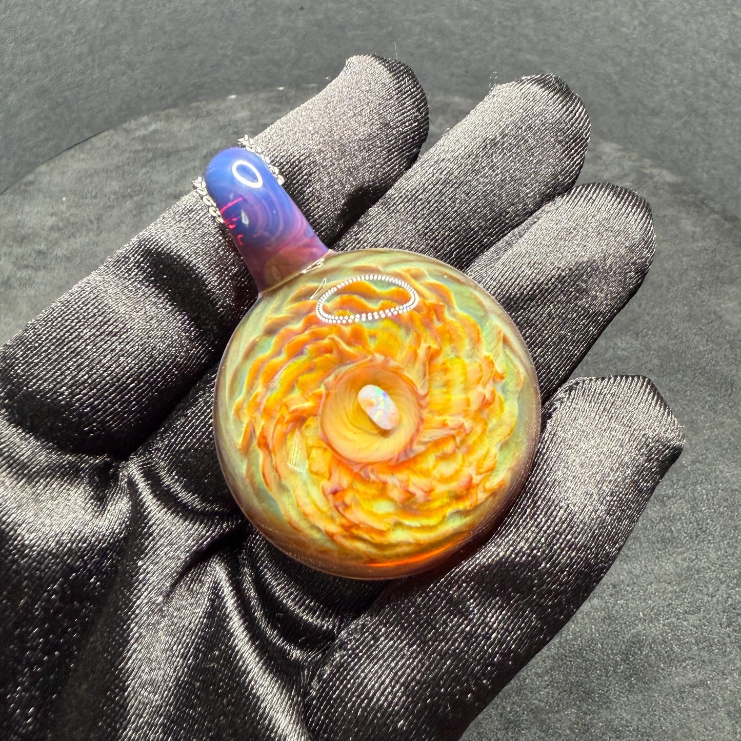 Large Glass Pendant Implosion Technique with Opal || Heady Glass Pendant || Durable, Hand Blown Glass Necklace on Stainless Steel Chain