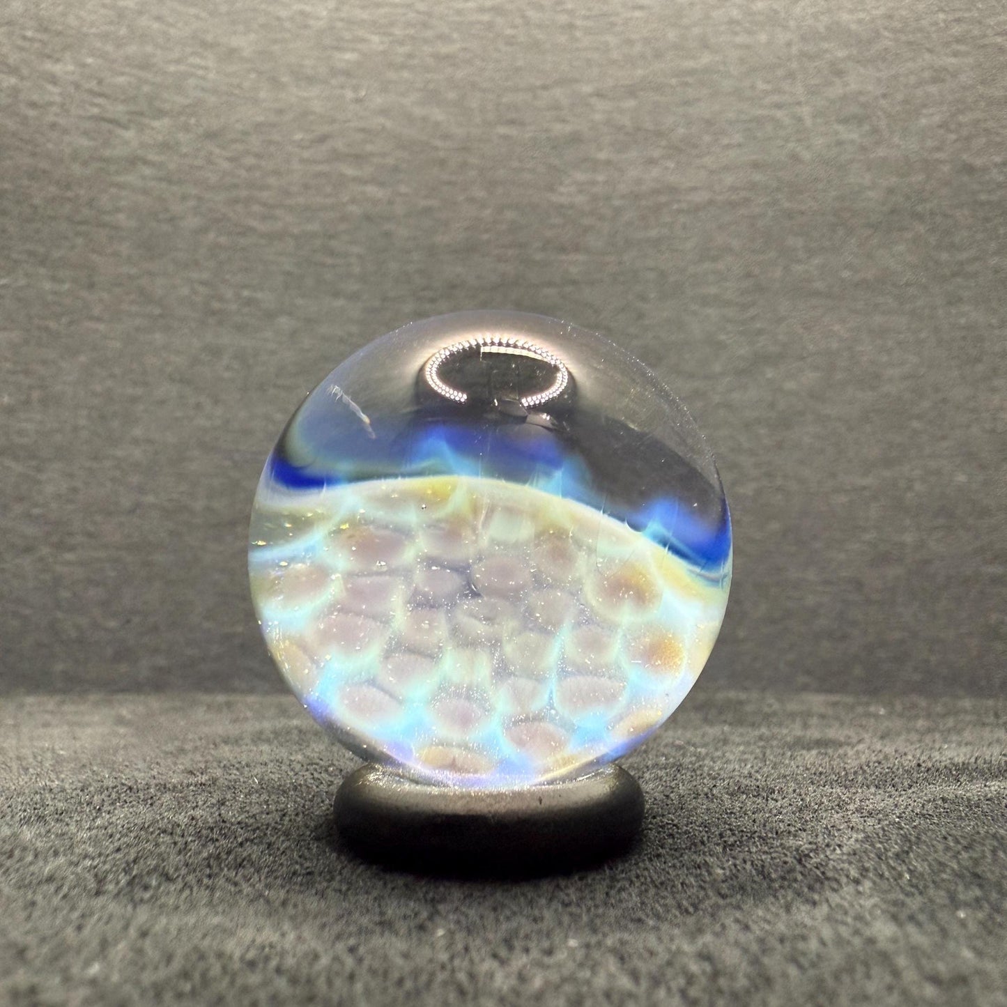 1.14 Inch Handmade Glass Marble with Silver Fume Honeycomb Pattern - Includes Wooden Display Stand - Heady Glass Art Marble