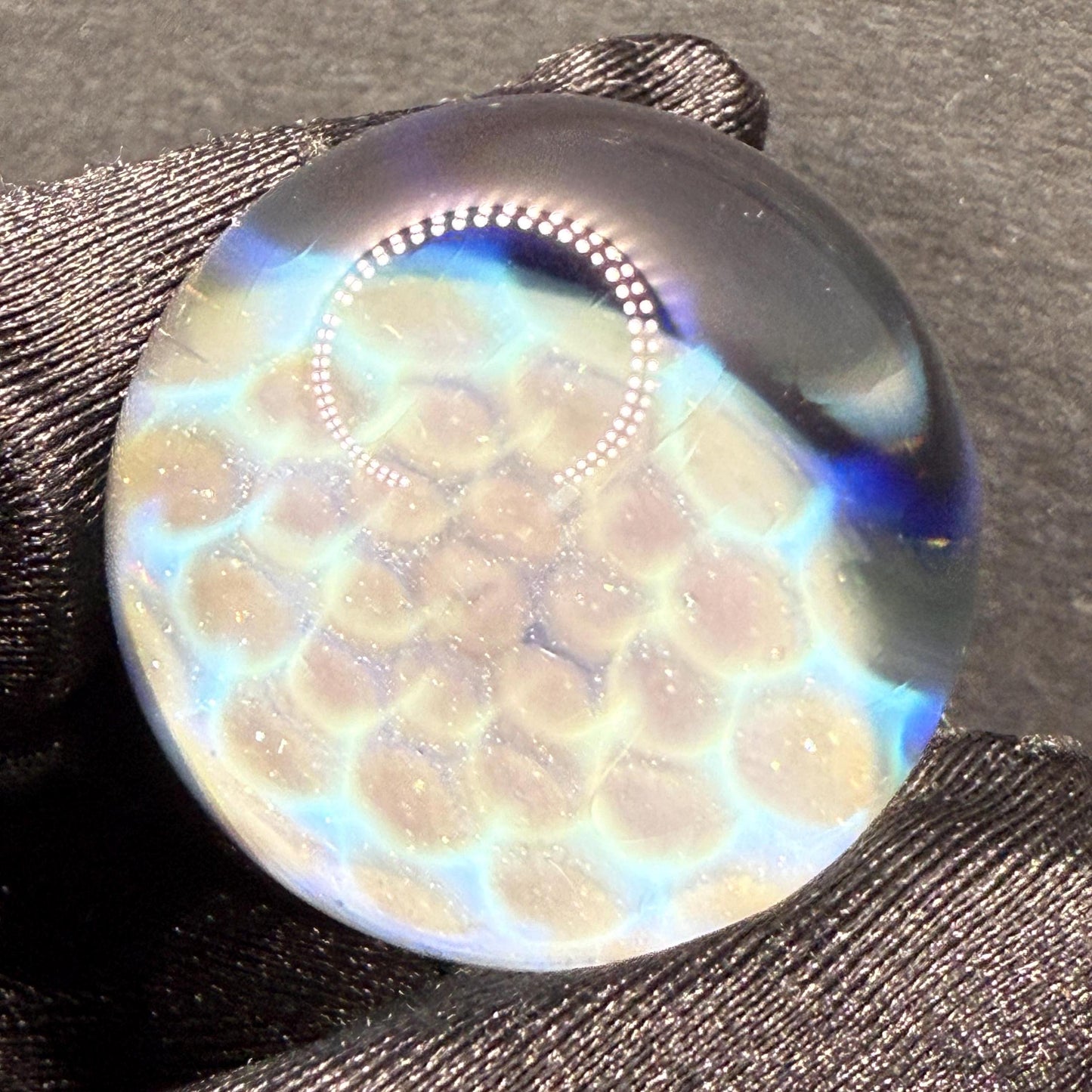 1.14 Inch Handmade Glass Marble with Silver Fume Honeycomb Pattern - Includes Wooden Display Stand - Heady Glass Art Marble