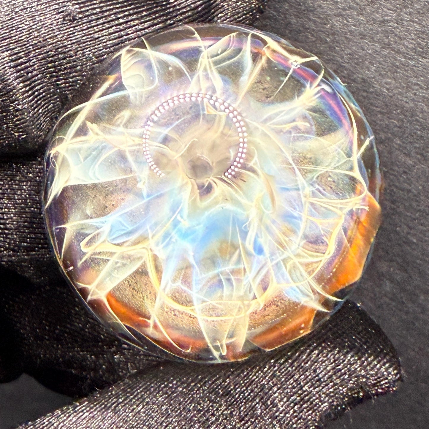 1.35 Inch Handcrafted Borosilicate Glass Marble - Silver Fume & Electrum Implosion - Heady Glass Art Marble - Includes Wooden Display Stand