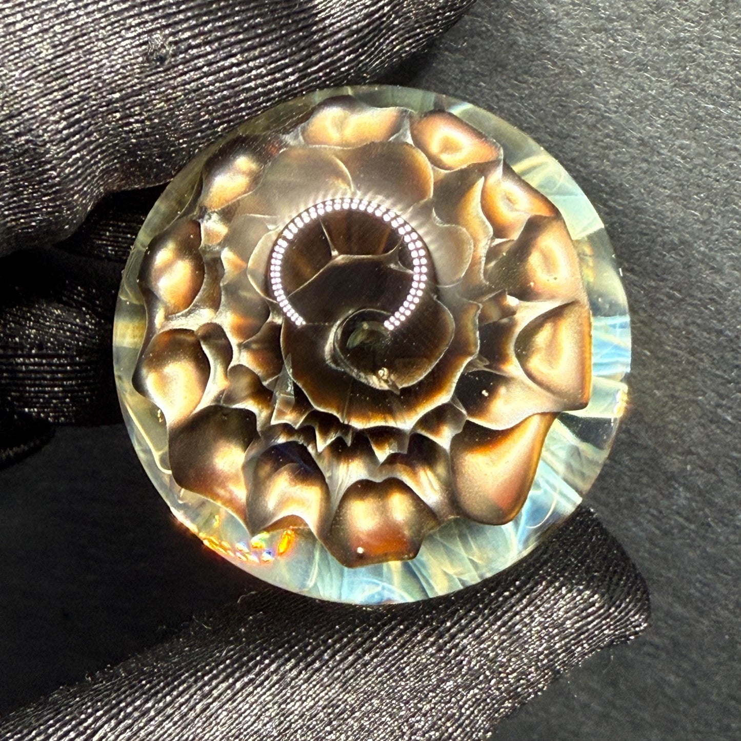 1.35 Inch Handcrafted Borosilicate Glass Marble - Silver Fume & Electrum Implosion - Heady Glass Art Marble - Includes Wooden Display Stand