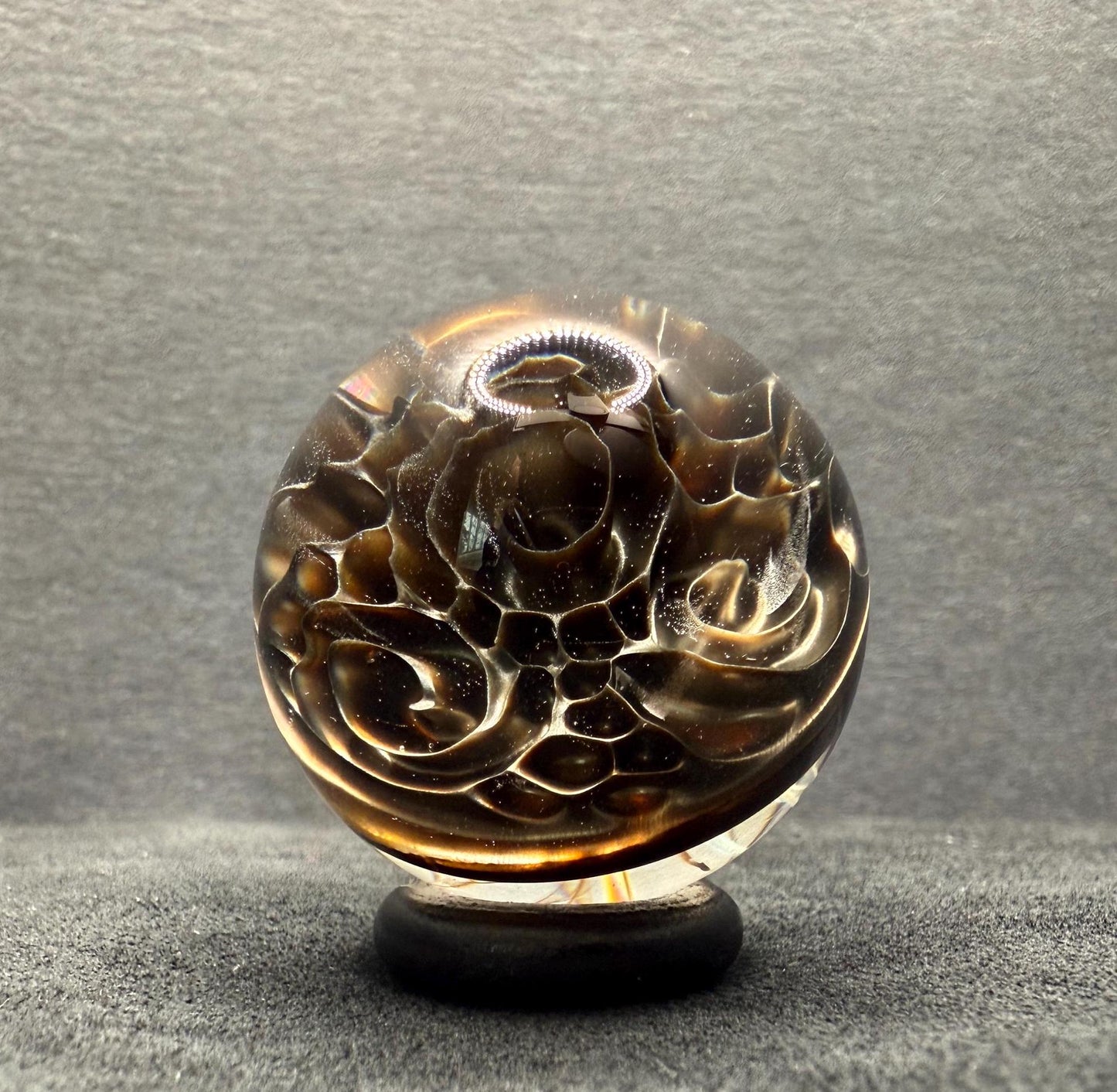 1.22 Inch Handcrafted Borosilicate Glass Marble - Silver Fume & Electrum Implosion - Heady Glass Art Marble - Includes Wooden Display Stand