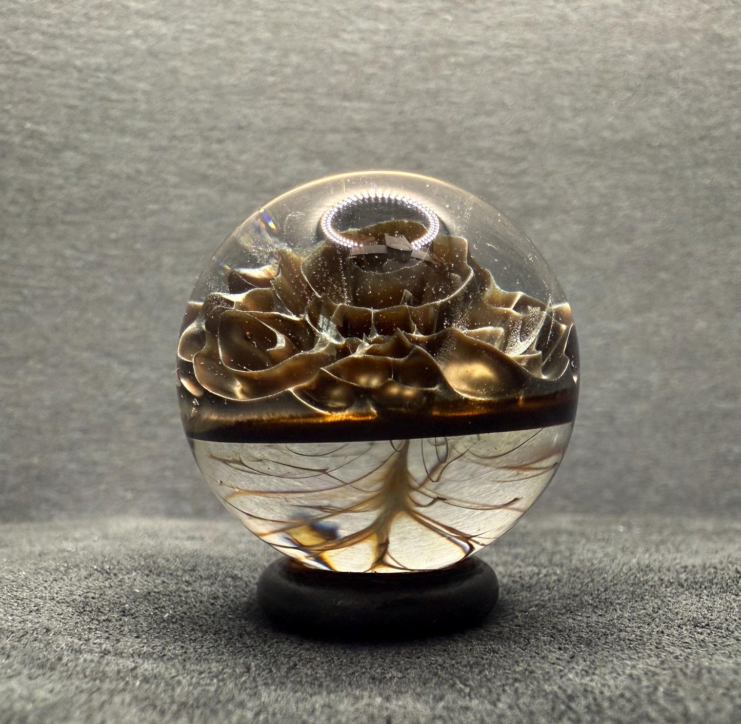 1.22 Inch Handcrafted Borosilicate Glass Marble - Silver Fume & Electrum Implosion - Heady Glass Art Marble - Includes Wooden Display Stand