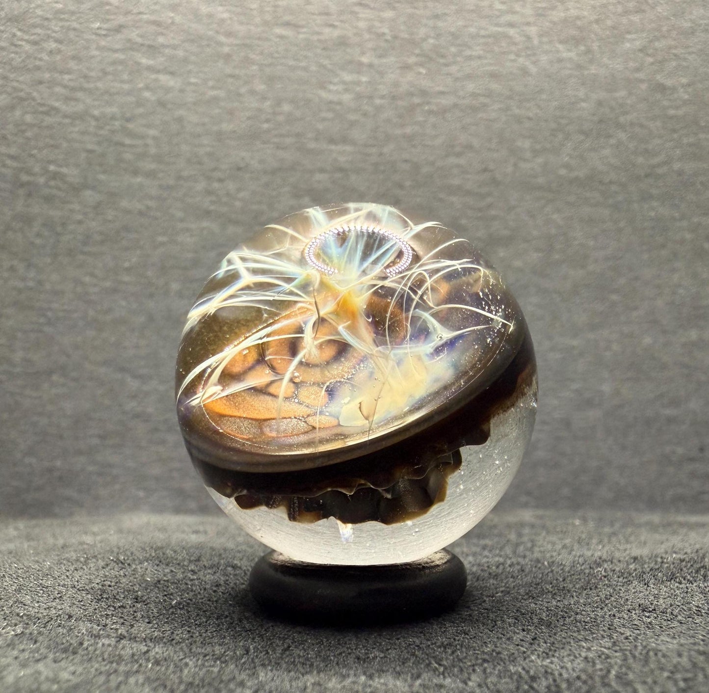 1.22 Inch Handcrafted Borosilicate Glass Marble - Silver Fume & Electrum Implosion - Heady Glass Art Marble - Includes Wooden Display Stand