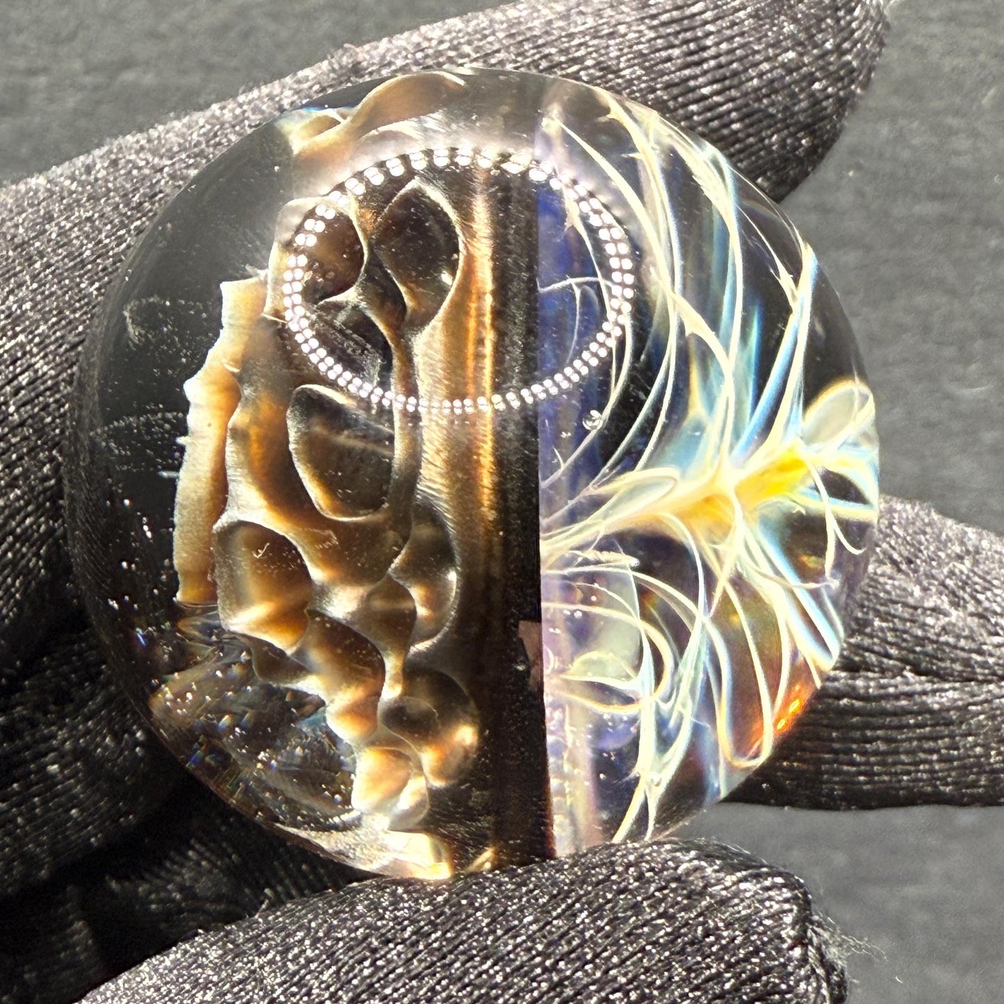 1.22 Inch Handcrafted Borosilicate Glass Marble - Silver Fume & Electrum Implosion - Heady Glass Art Marble - Includes Wooden Display Stand