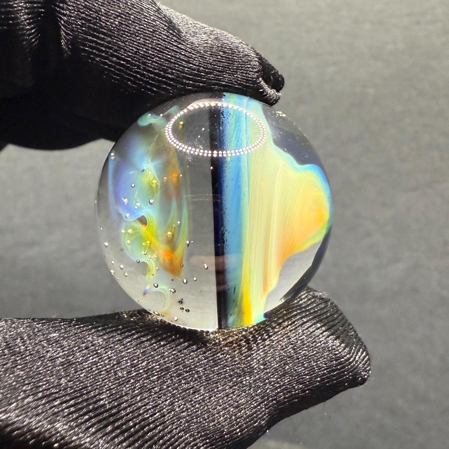 1.06 Inch Flip-Side Glass Marble – Silver Fume Spiral Art Glass – Handmade Collectible with Display Stand