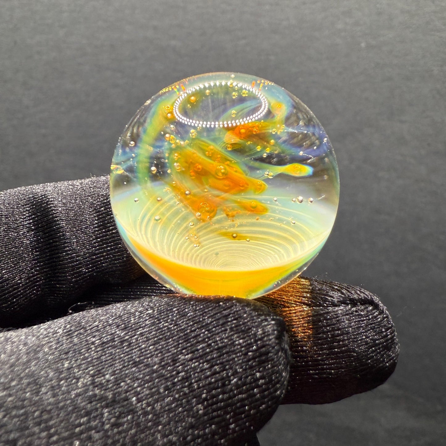 Handcrafted Glass Marble with Silver Fume Spiral 1.08 Inch - Heady Glass Art Marble for Collectors - Includes Wooden Display Stand