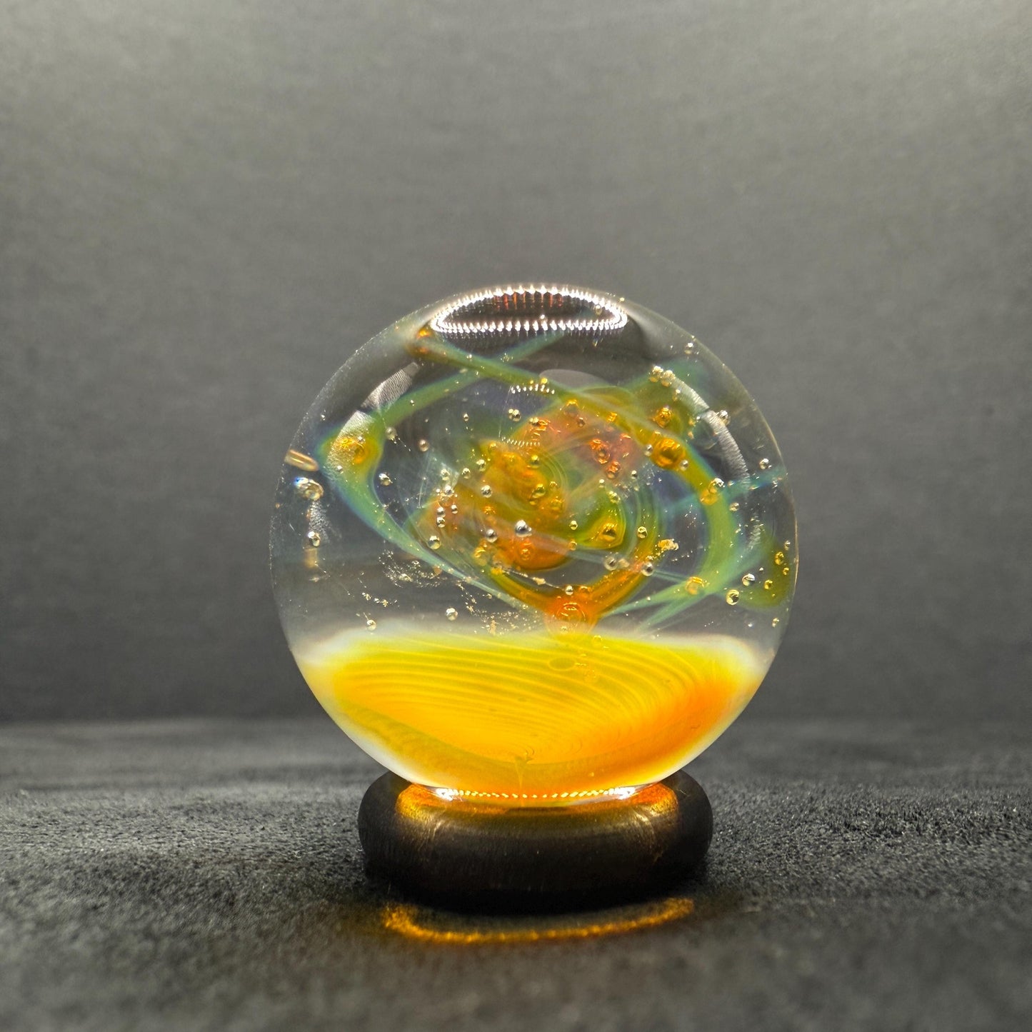 Handcrafted Glass Marble with Silver Fume Spiral 1.08 Inch - Heady Glass Art Marble for Collectors - Includes Wooden Display Stand