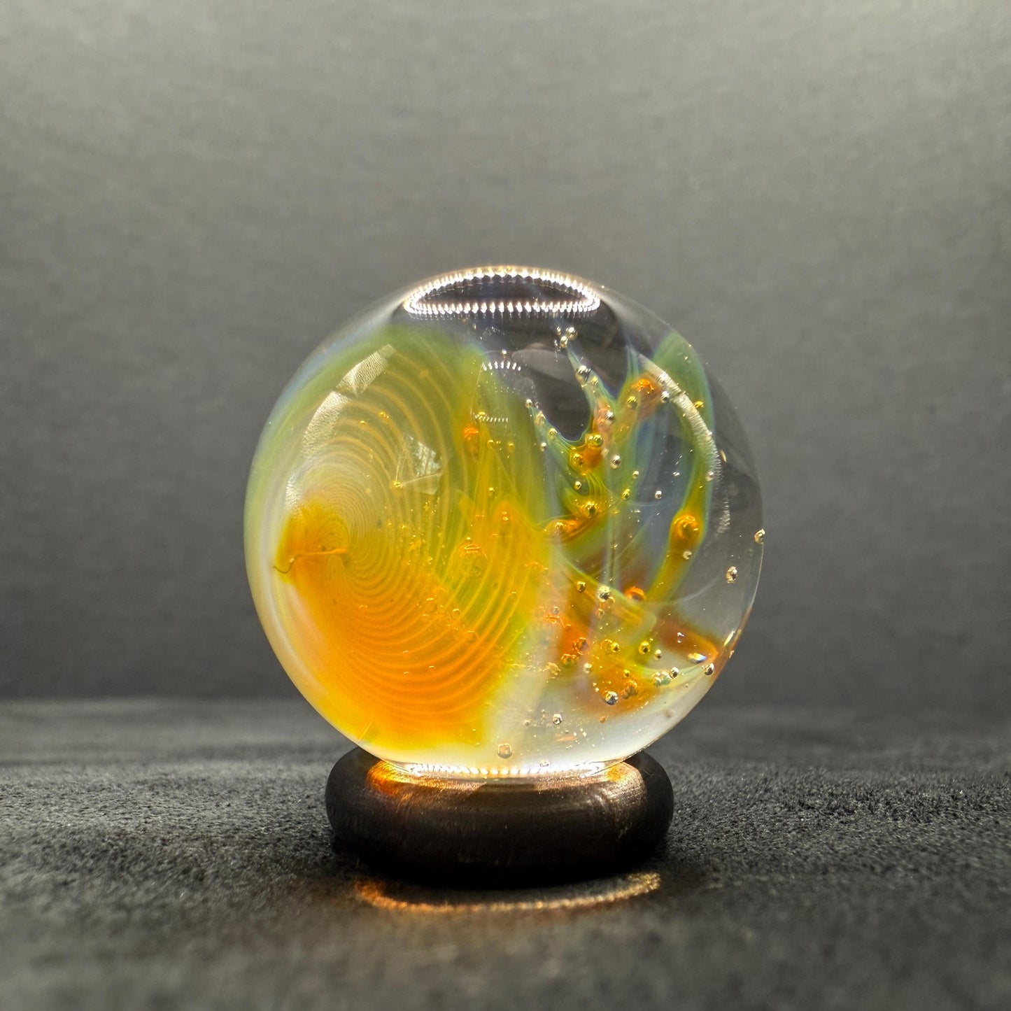 Handcrafted Glass Marble with Silver Fume Spiral 1.08 Inch - Heady Glass Art Marble for Collectors - Includes Wooden Display Stand