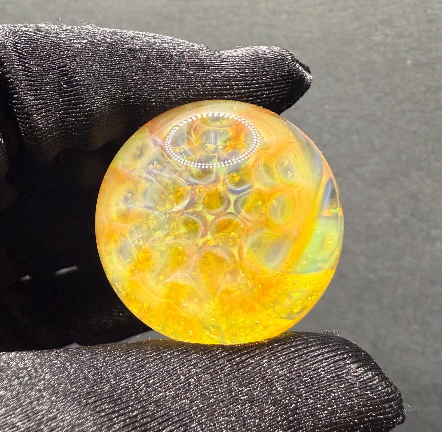 1.27 Inch Glass Marble with Silver Fume Spiral with Crushed Opal & Implosion Pattern- Heady Glass Art Marble - Includes Wooden Display Stand