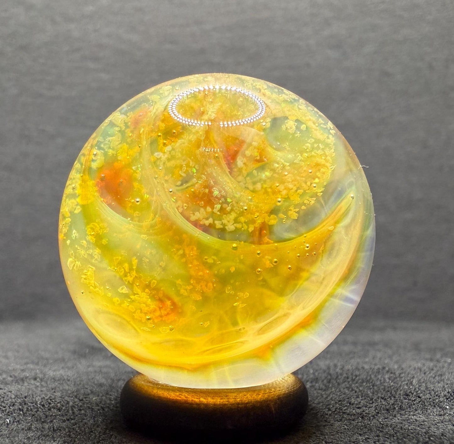 1.27 Inch Glass Marble with Silver Fume Spiral with Crushed Opal & Implosion Pattern- Heady Glass Art Marble - Includes Wooden Display Stand