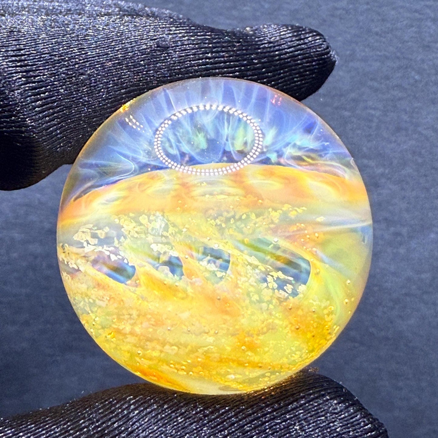1.27 Inch Glass Marble with Silver Fume Spiral with Crushed Opal & Implosion Pattern- Heady Glass Art Marble - Includes Wooden Display Stand