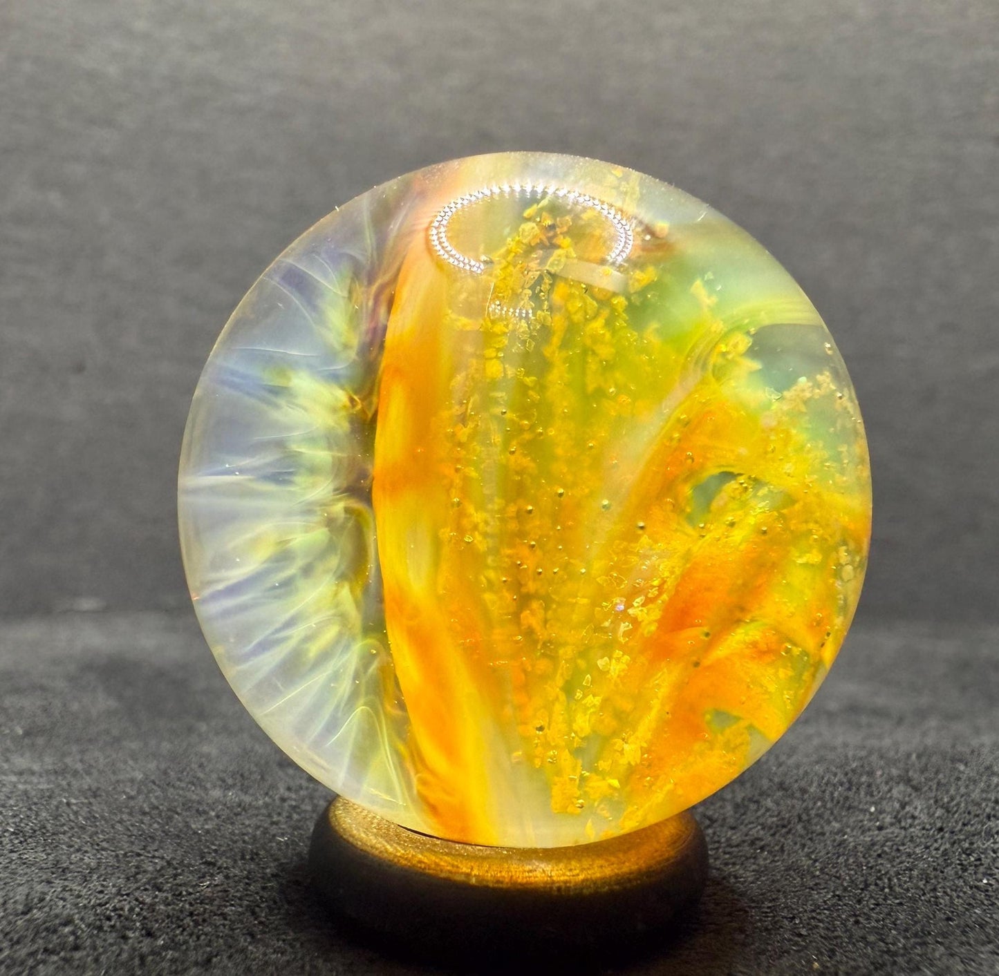1.27 Inch Glass Marble with Silver Fume Spiral with Crushed Opal & Implosion Pattern- Heady Glass Art Marble - Includes Wooden Display Stand