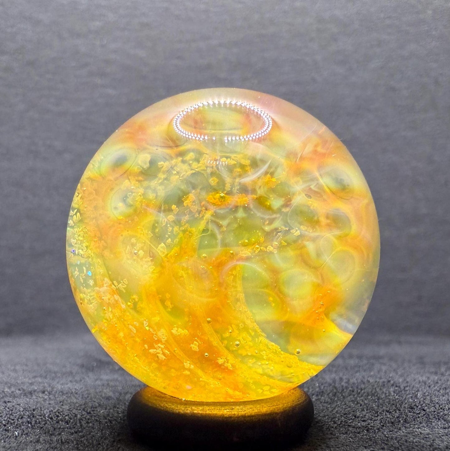 1.27 Inch Glass Marble with Silver Fume Spiral with Crushed Opal & Implosion Pattern- Heady Glass Art Marble - Includes Wooden Display Stand