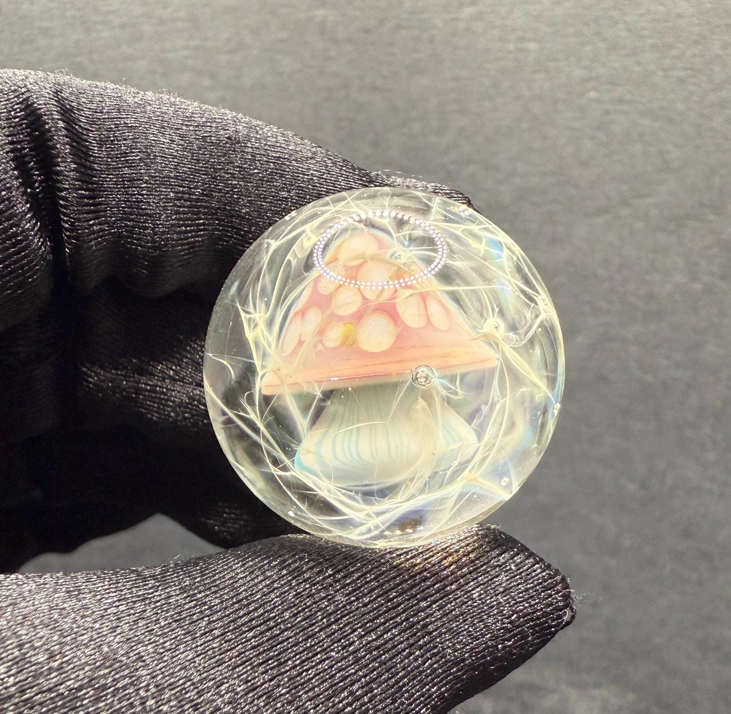 Handmade Glass Marble with Red Mushroom and Silver Chaos Fume 1.08 Inch || Heady Glass Marble for Collectors and Mushroom Lovers