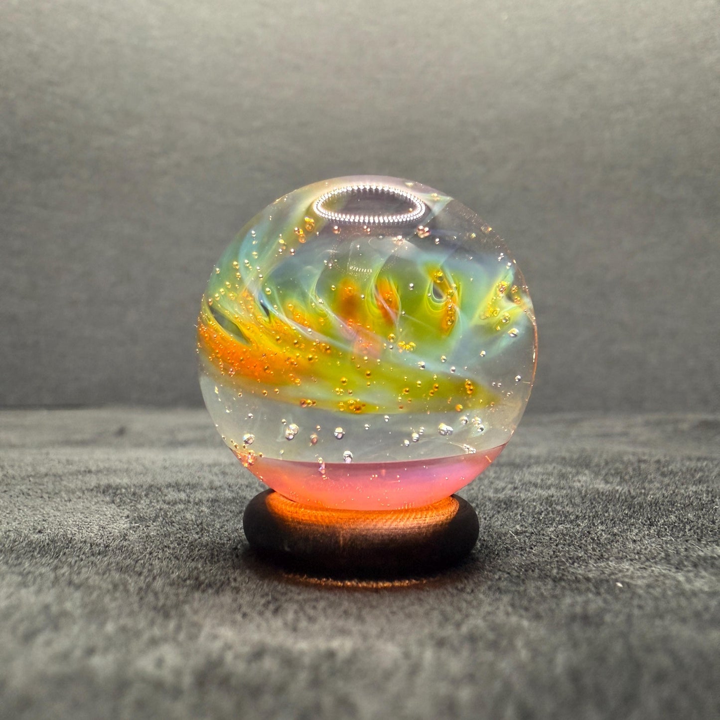 Handcrafted Borosilicate Glass Marble with Silver Fume Spiral 1.11 Inch - Heady Glass Art Marble - Includes Wooden Display Stand