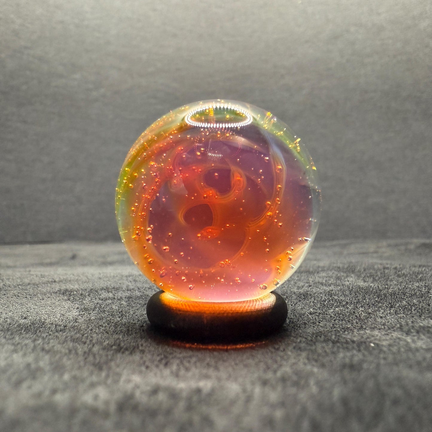 Handcrafted Borosilicate Glass Marble with Silver Fume Spiral 1.11 Inch - Heady Glass Art Marble - Includes Wooden Display Stand