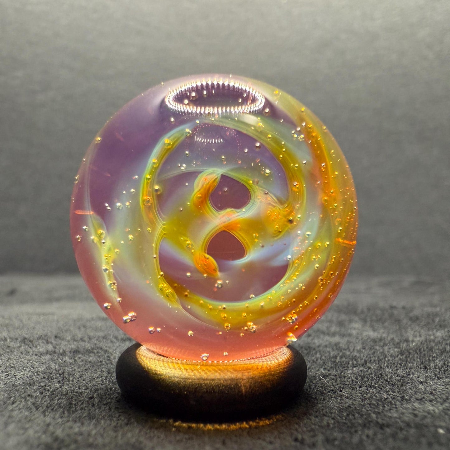Handcrafted Borosilicate Glass Marble with Silver Fume Spiral 1.11 Inch - Heady Glass Art Marble - Includes Wooden Display Stand