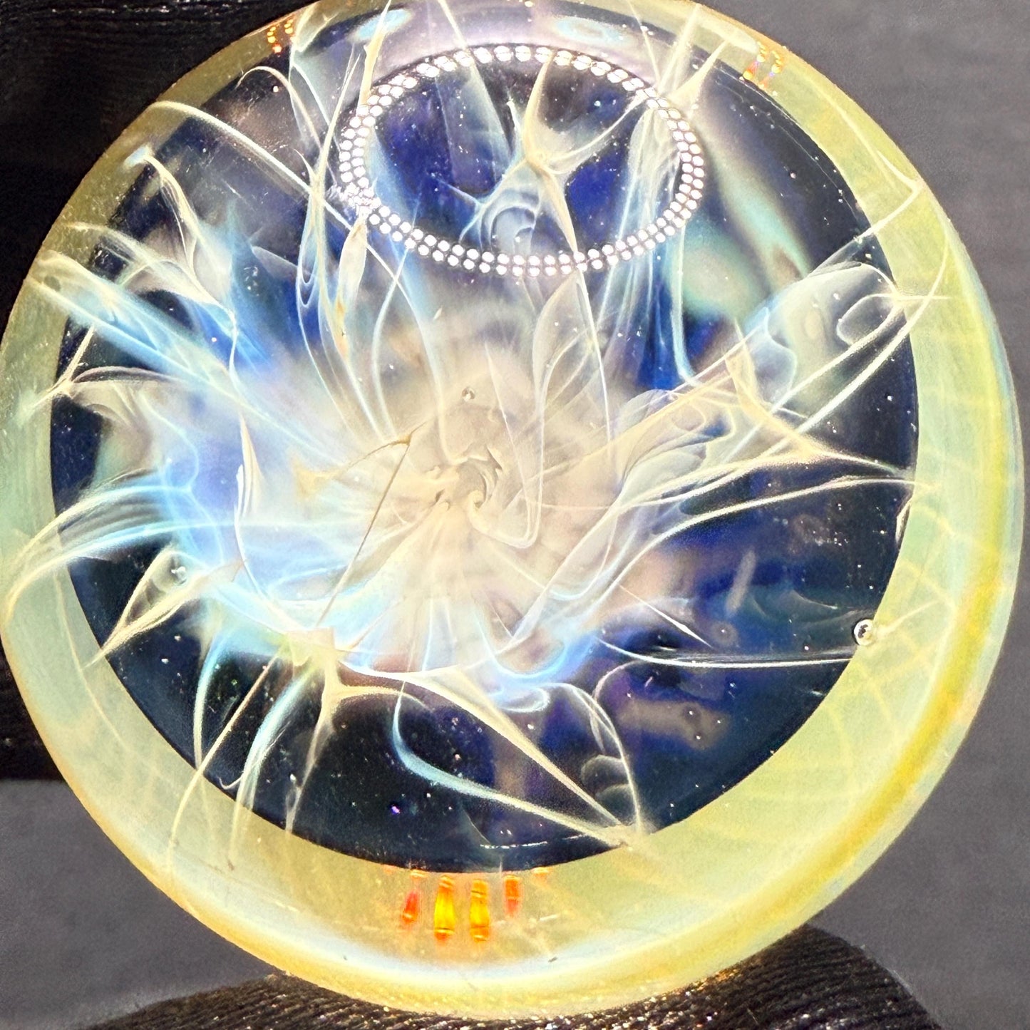 1.34 Inch Handcrafted Borosilicate Glass Marble with Chaos Silver Fume & Fumicello- Heady Glass Art Marble - Includes Wooden Display Stand