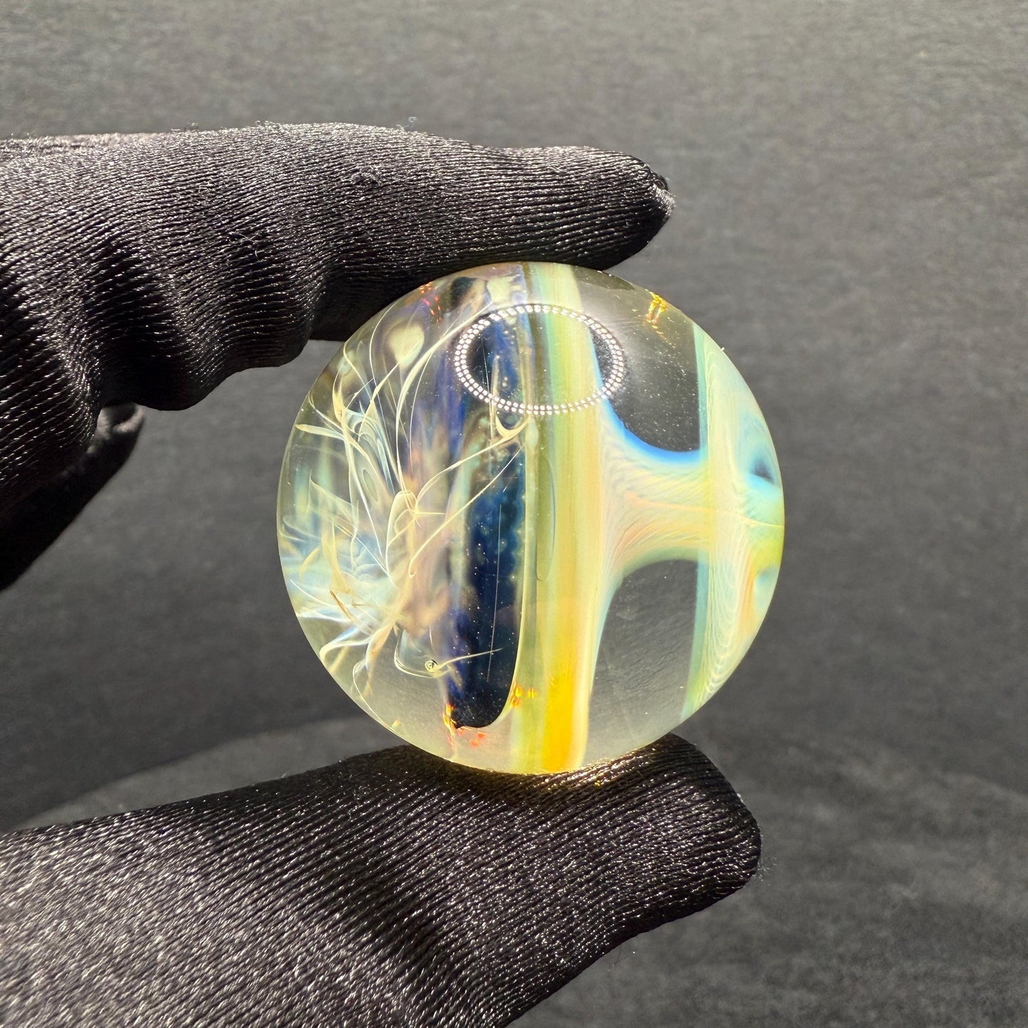1.34 Inch Handcrafted Borosilicate Glass Marble with Chaos Silver Fume & Fumicello- Heady Glass Art Marble - Includes Wooden Display Stand