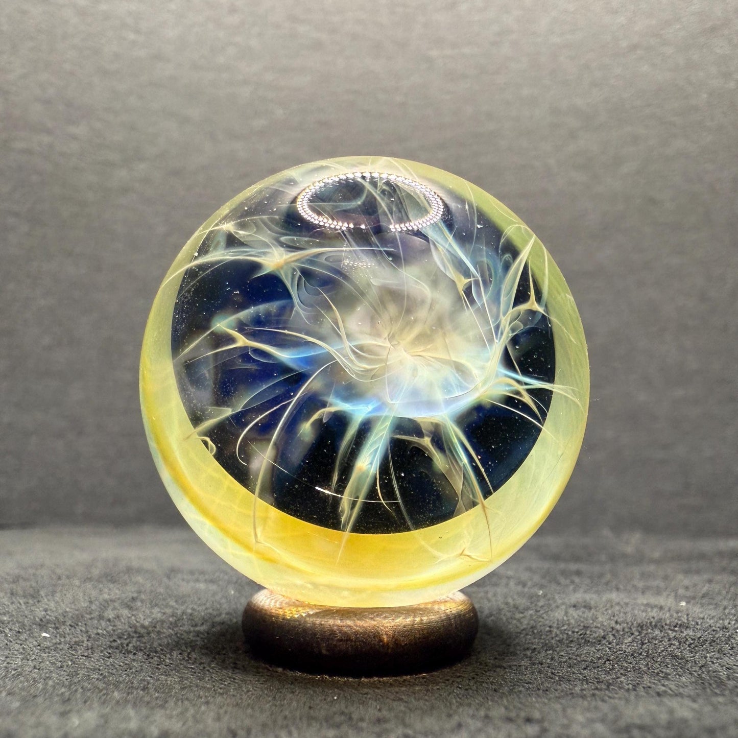 1.34 Inch Handcrafted Borosilicate Glass Marble with Chaos Silver Fume & Fumicello- Heady Glass Art Marble - Includes Wooden Display Stand