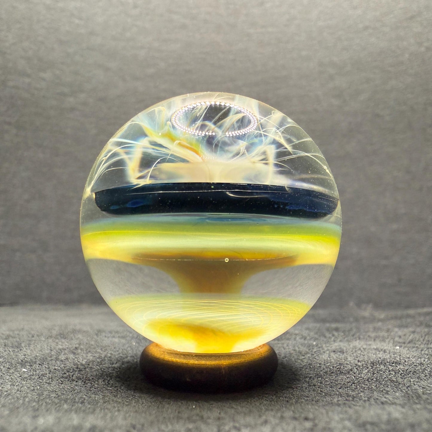 1.34 Inch Handcrafted Borosilicate Glass Marble with Chaos Silver Fume & Fumicello- Heady Glass Art Marble - Includes Wooden Display Stand