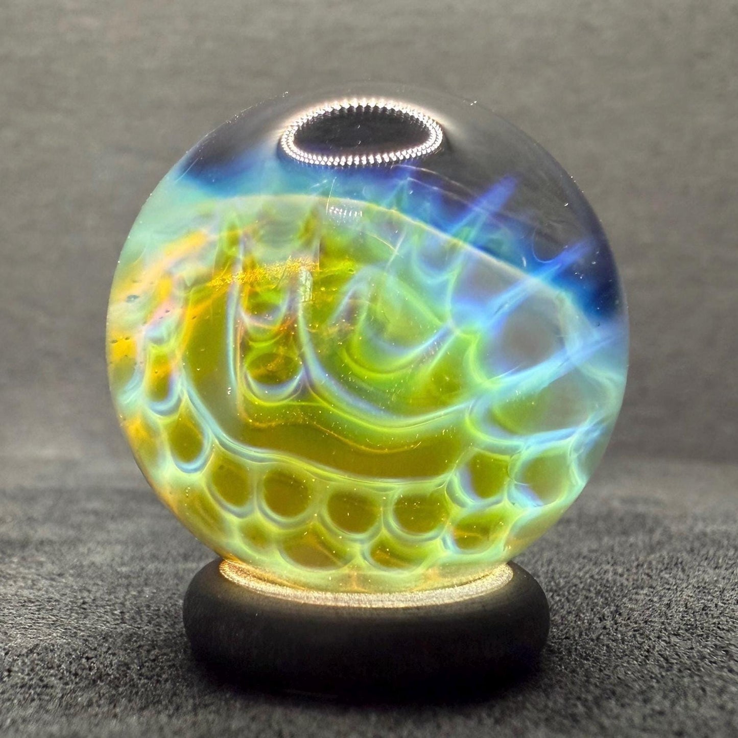 1.11 Inch Handmade Glass Marble with Silver Fume Abstract Pattern - Includes Wooden Display Stand - Heady Glass Art Marble for Collectors