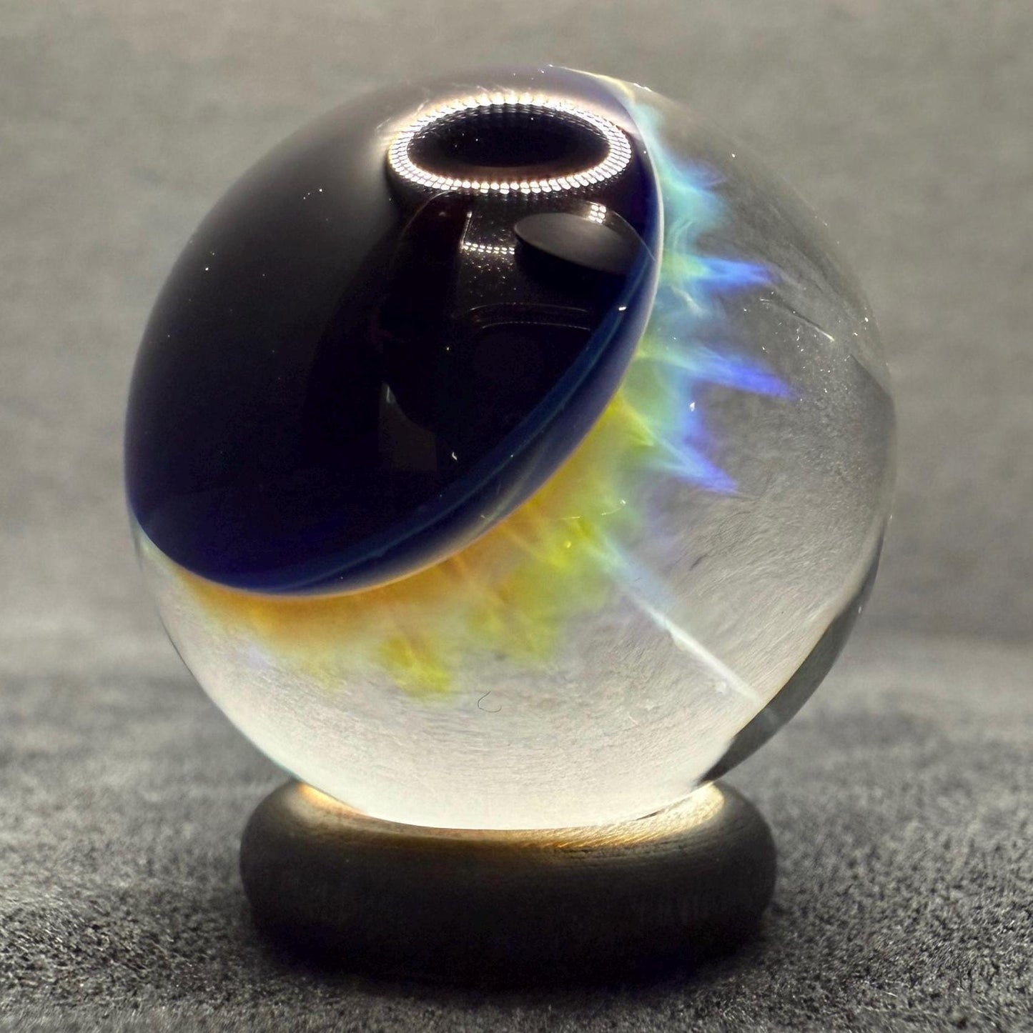 1.11 Inch Handmade Glass Marble with Silver Fume Abstract Pattern - Includes Wooden Display Stand - Heady Glass Art Marble for Collectors