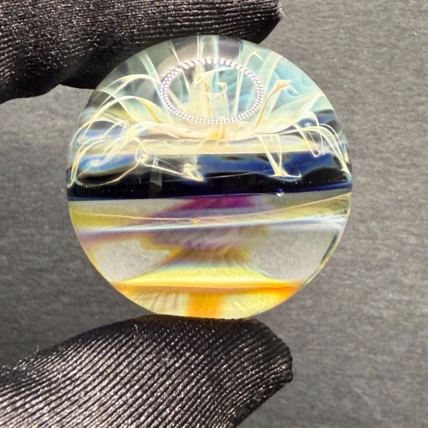 1.24 Inch Handcrafted Borosilicate Glass Marble with Chaos Silver Fume & Fumicello- Heady Glass Art Marble - Includes Wooden Display Stand