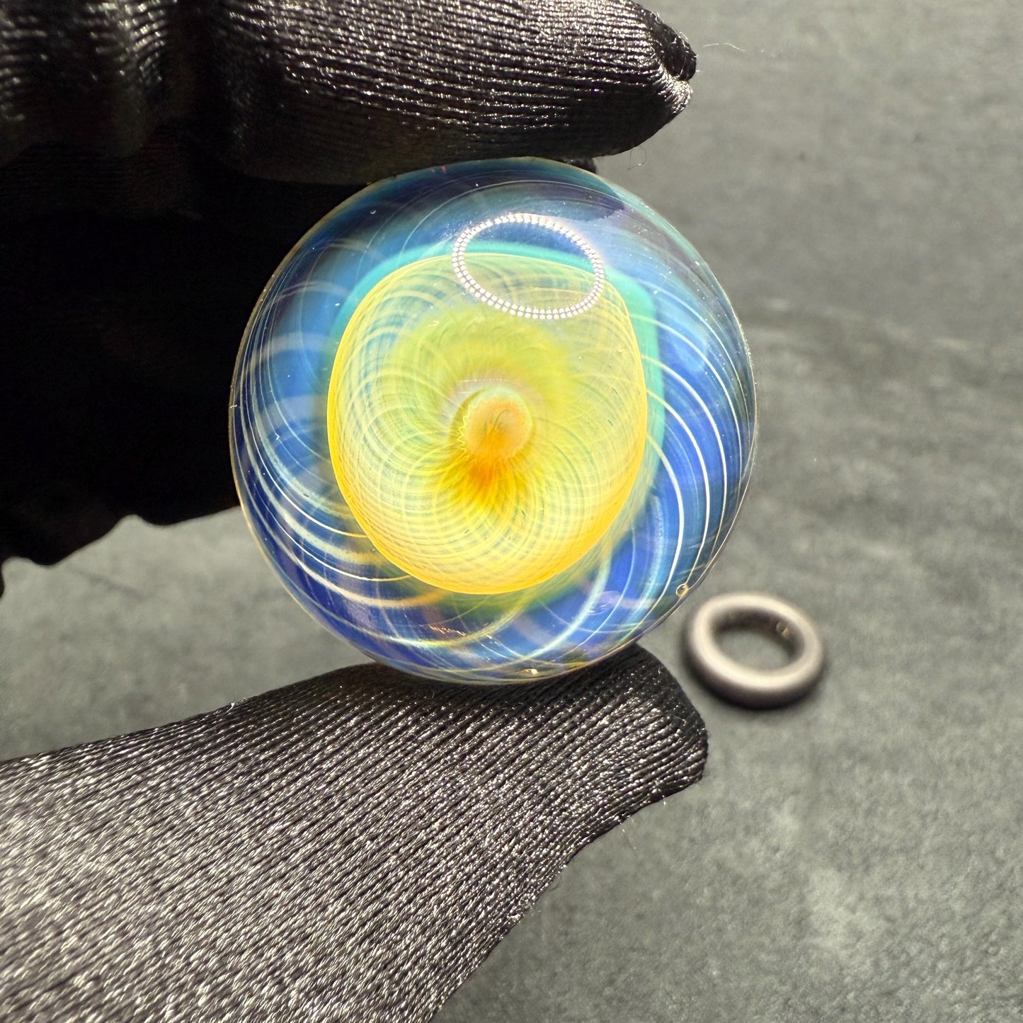 1.24 Inch Handcrafted Borosilicate Glass Marble with Chaos Silver Fume & Fumicello- Heady Glass Art Marble - Includes Wooden Display Stand
