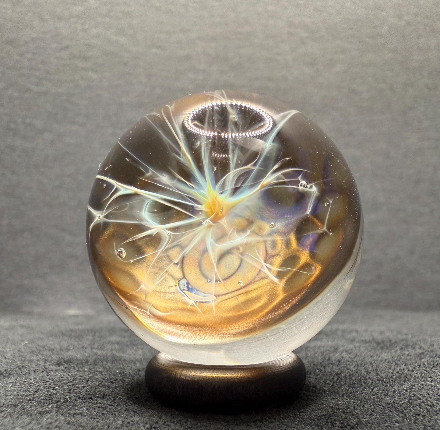 1.28 Inch Handcrafted Borosilicate Glass Marble - Silver Fume & Electrum Implosion - Heady Glass Art Marble - Includes Wooden Display Stand