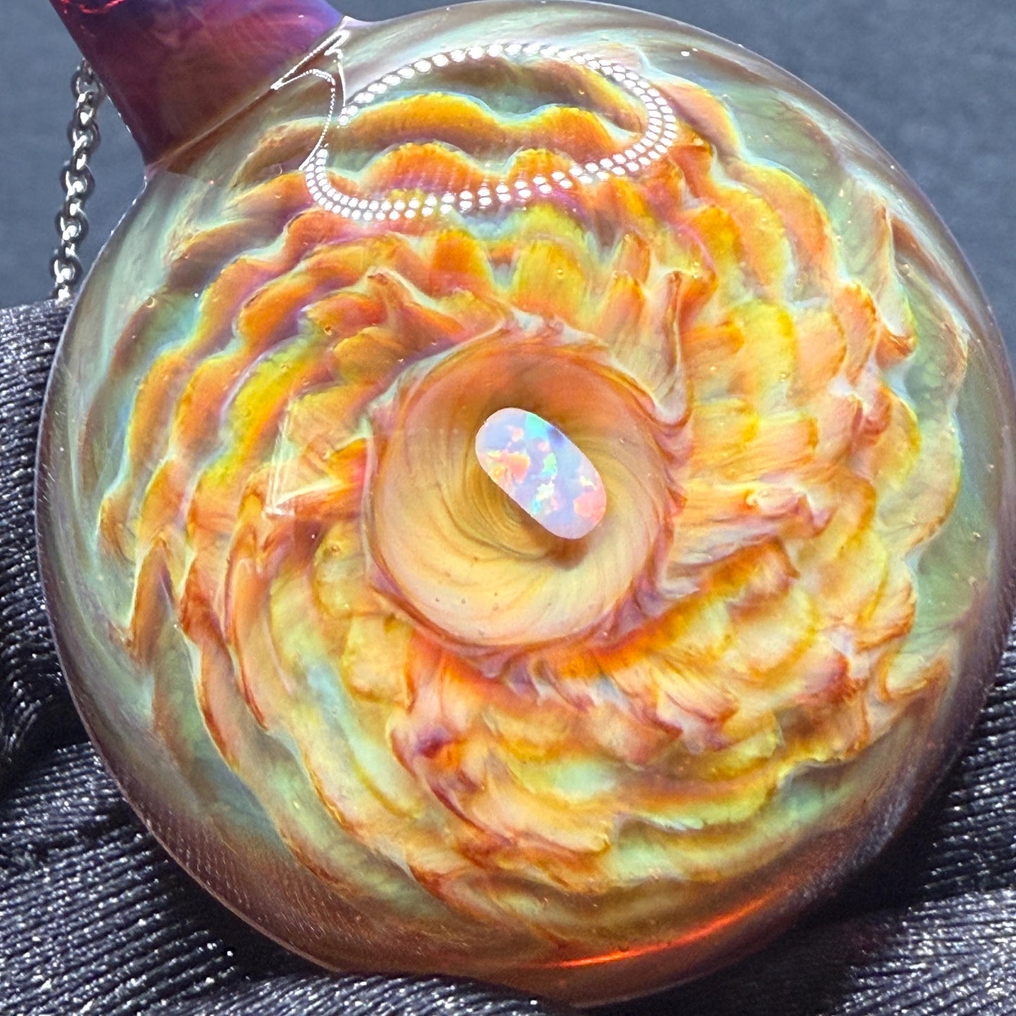 Large Glass Pendant Implosion Technique with Opal || Heady Glass Pendant || Durable, Hand Blown Glass Necklace on Stainless Steel Chain