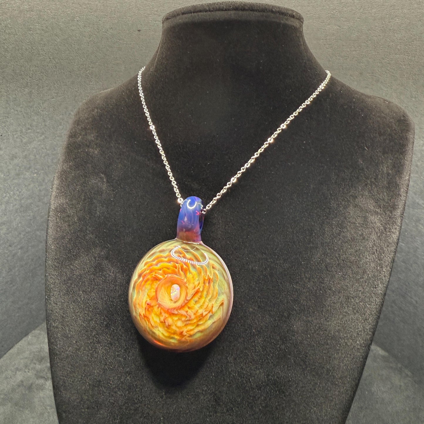 Large Glass Pendant Implosion Technique with Opal || Heady Glass Pendant || Durable, Hand Blown Glass Necklace on Stainless Steel Chain