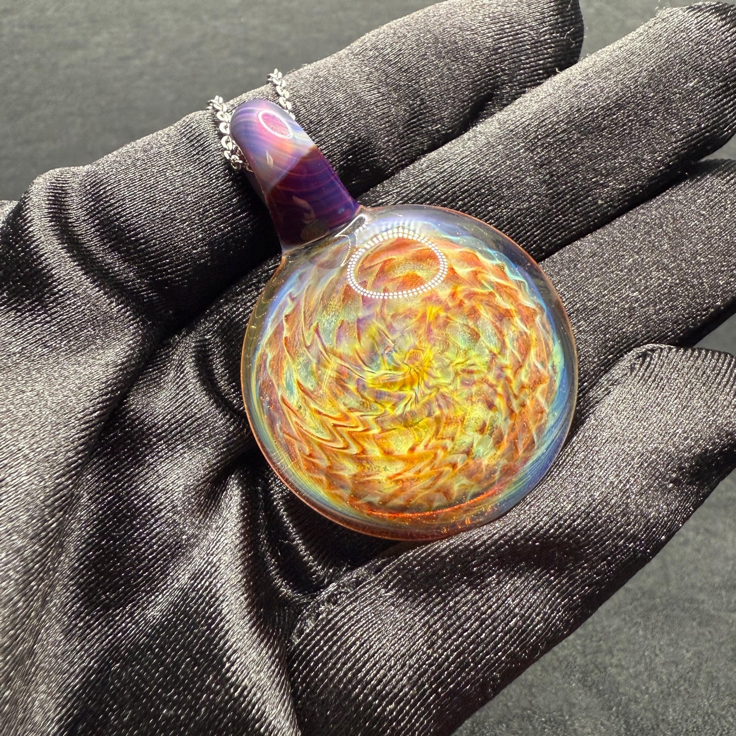 Blown Glass Pendant with Purple and Yellow Spiral and Electrum || Handmade Heady Glass Necklace