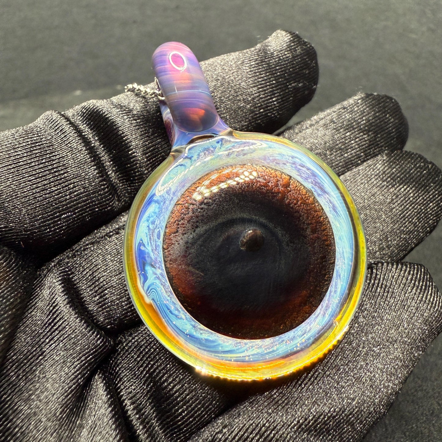 Blown Glass Pendant with Purple and Yellow Spiral and Electrum || Handmade Heady Glass Necklace