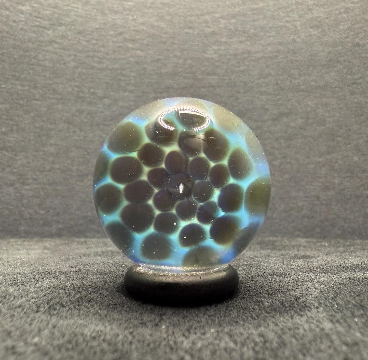 1.14 Inch Handmade Glass Marble with Silver Fume Honeycomb Pattern - Includes Wooden Display Stand - Heady Glass Art Marble