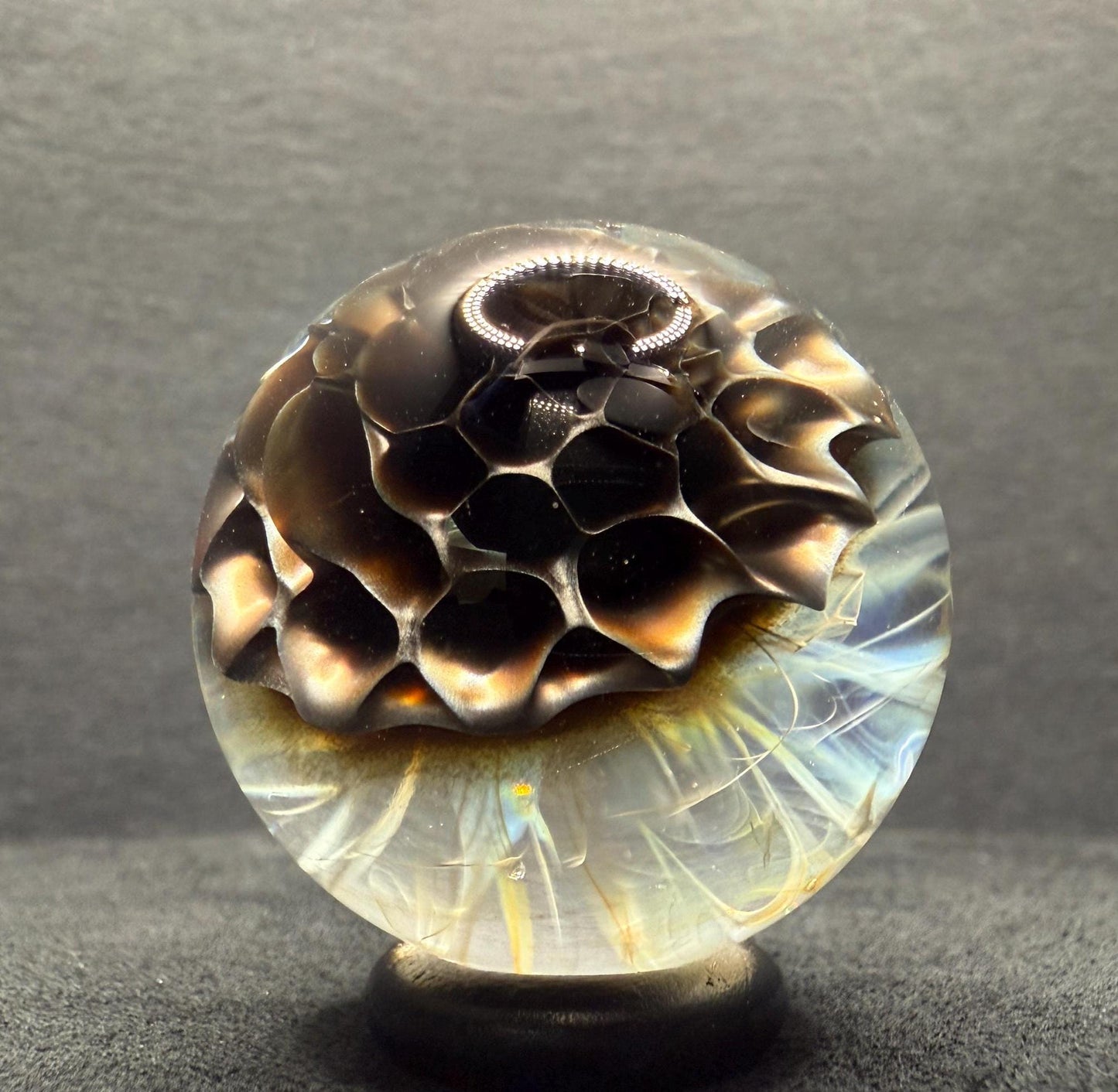 1.35 Inch Handcrafted Borosilicate Glass Marble - Silver Fume & Electrum Implosion - Heady Glass Art Marble - Includes Wooden Display Stand