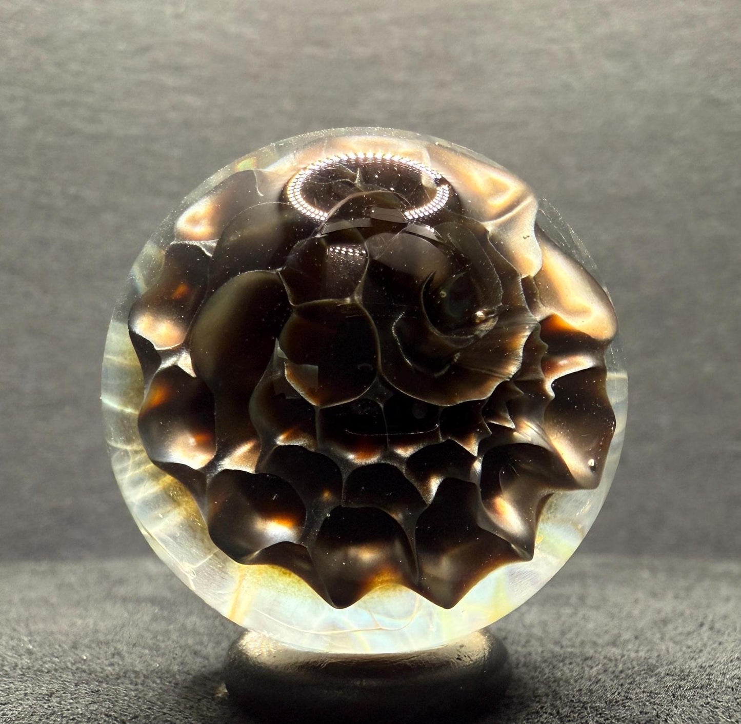 1.35 Inch Handcrafted Borosilicate Glass Marble - Silver Fume & Electrum Implosion - Heady Glass Art Marble - Includes Wooden Display Stand