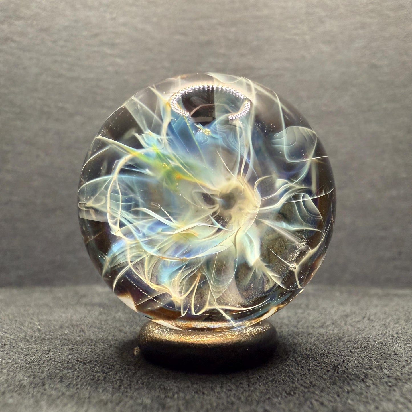 1.35 Inch Handcrafted Borosilicate Glass Marble - Silver Fume & Electrum Implosion - Heady Glass Art Marble - Includes Wooden Display Stand