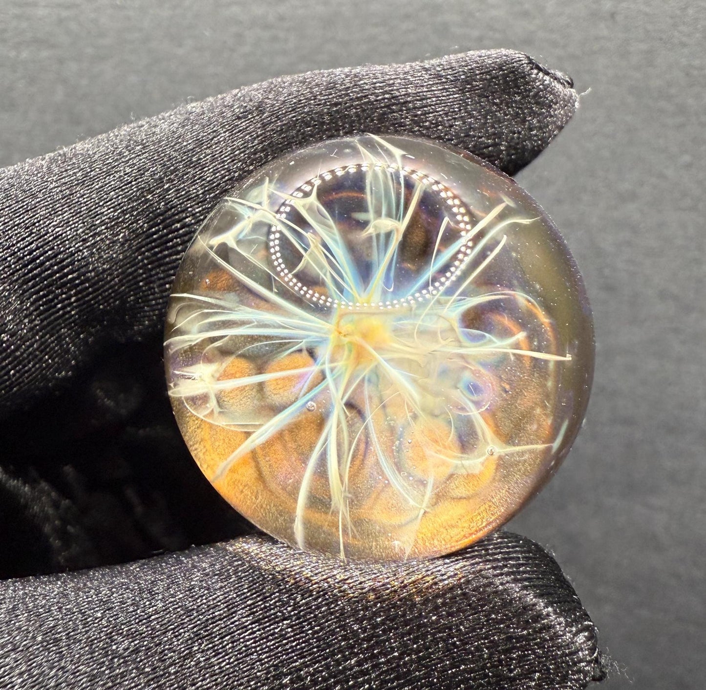 1.22 Inch Handcrafted Borosilicate Glass Marble - Silver Fume & Electrum Implosion - Heady Glass Art Marble - Includes Wooden Display Stand