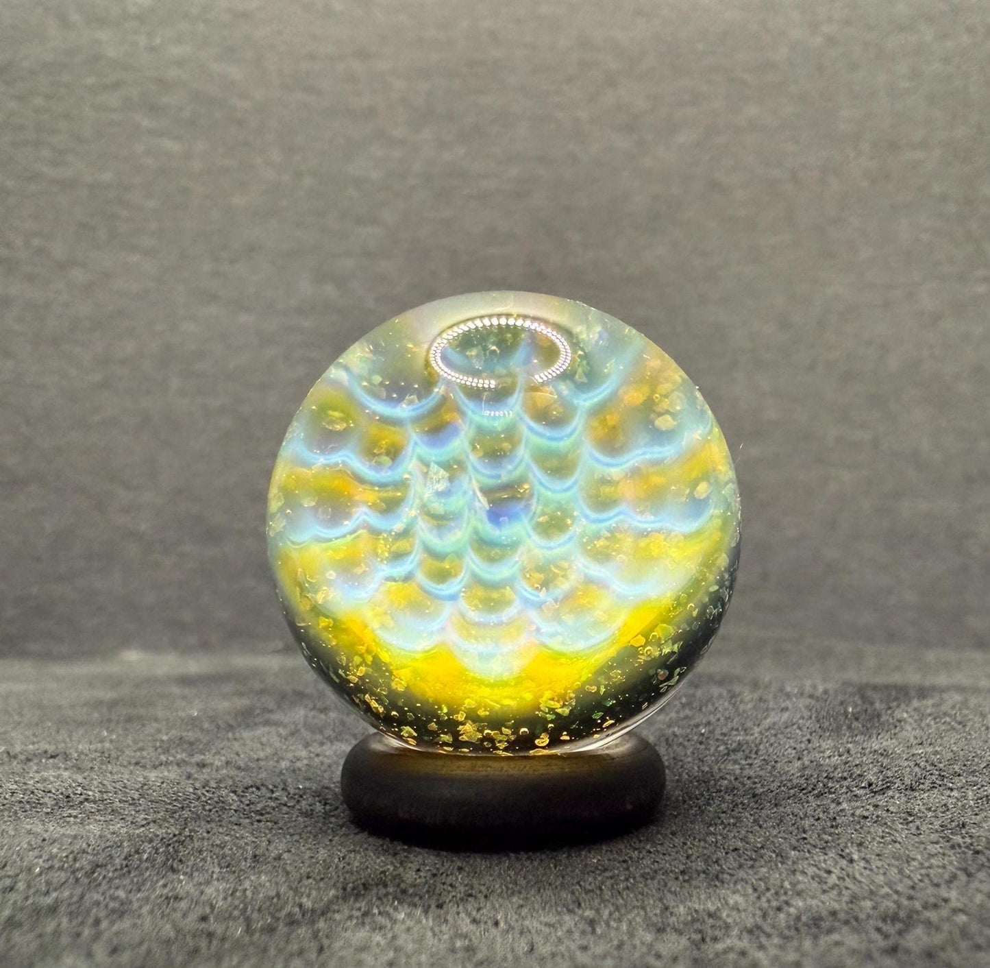 1.11 Inch Silver Fume Honeycomb with Crushed Opal and UV Green Spiral Glass Marble || Handmade using Borosilicate Glass and Silver