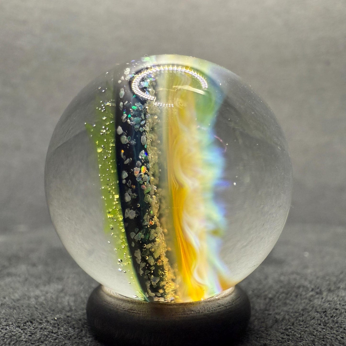 1.11 Inch Silver Fume Honeycomb with Crushed Opal and UV Green Spiral Glass Marble || Handmade using Borosilicate Glass and Silver