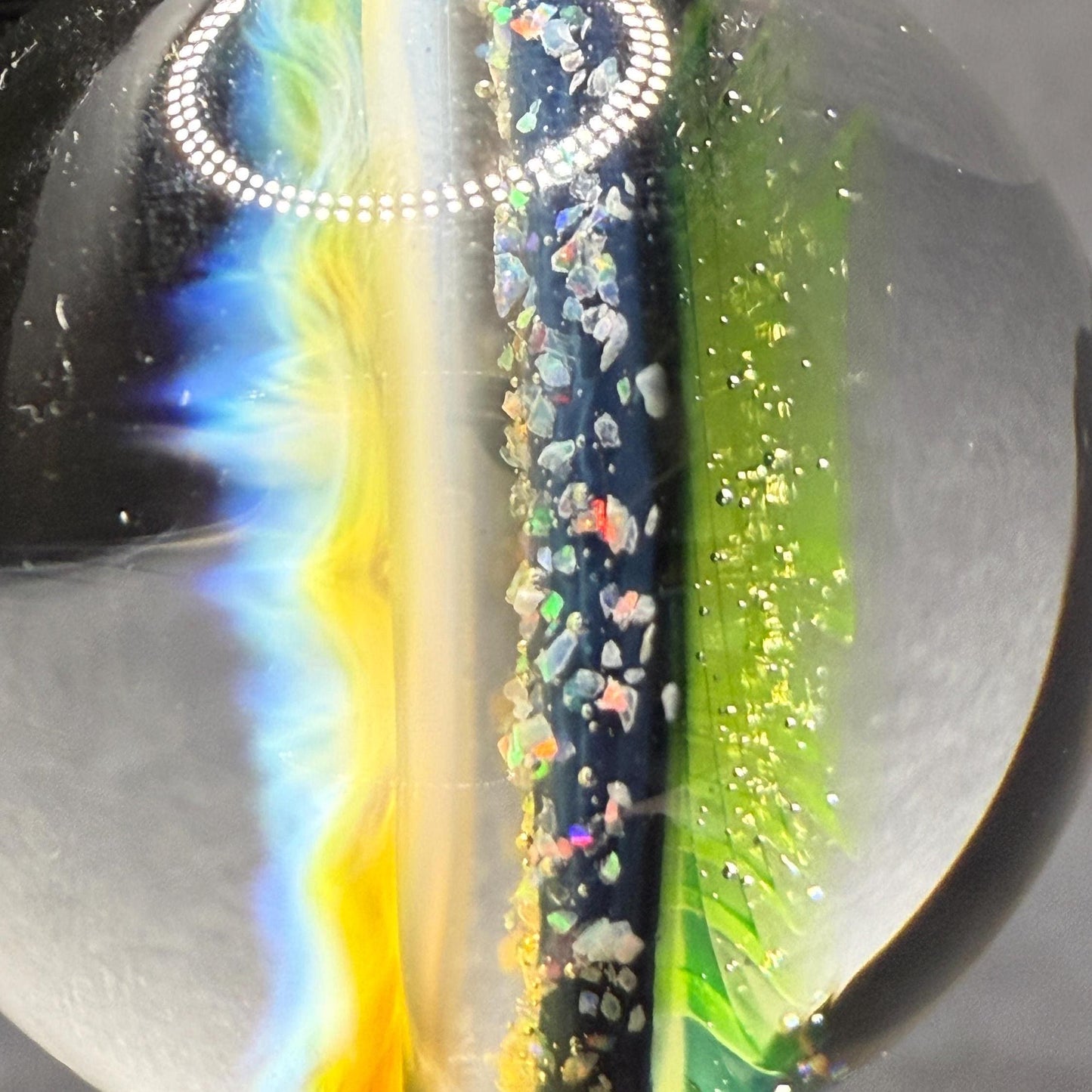 1.11 Inch Silver Fume Honeycomb with Crushed Opal and UV Green Spiral Glass Marble || Handmade using Borosilicate Glass and Silver
