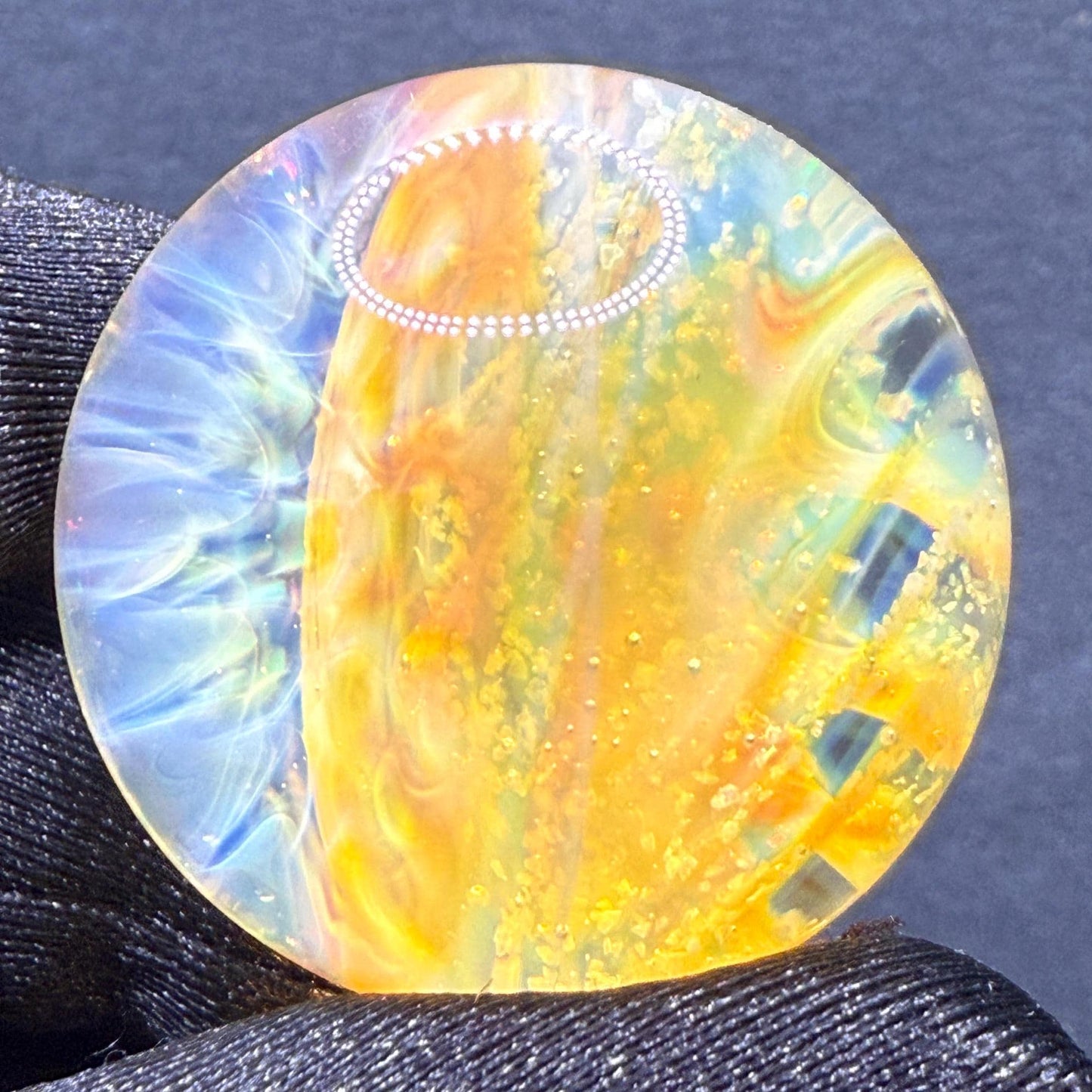 1.27 Inch Glass Marble with Silver Fume Spiral with Crushed Opal & Implosion Pattern- Heady Glass Art Marble - Includes Wooden Display Stand