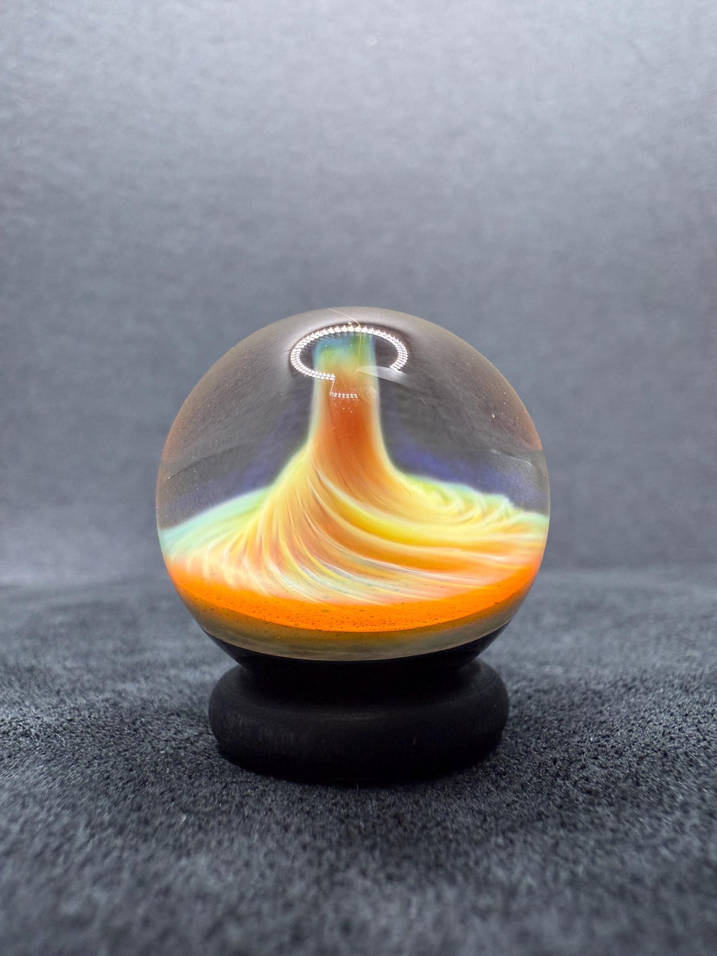1.00 Inch Handcrafted Borosilicate Glass Marble with Silver Fume Spiral - Heady Glass Art Marble - Includes Wooden Display Stand