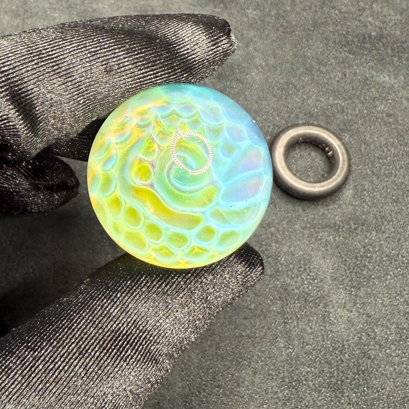1.11 Inch Handmade Glass Marble with Silver Fume Abstract Pattern - Includes Wooden Display Stand - Heady Glass Art Marble for Collectors