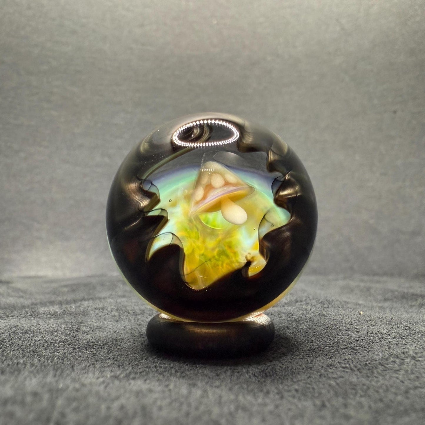 1.28 Inch Handcrafted Borosilicate Glass Marble with Wigwag, Silver Fume & Mushroom Heady Glass Art Marble - Free Wooden Display Stand