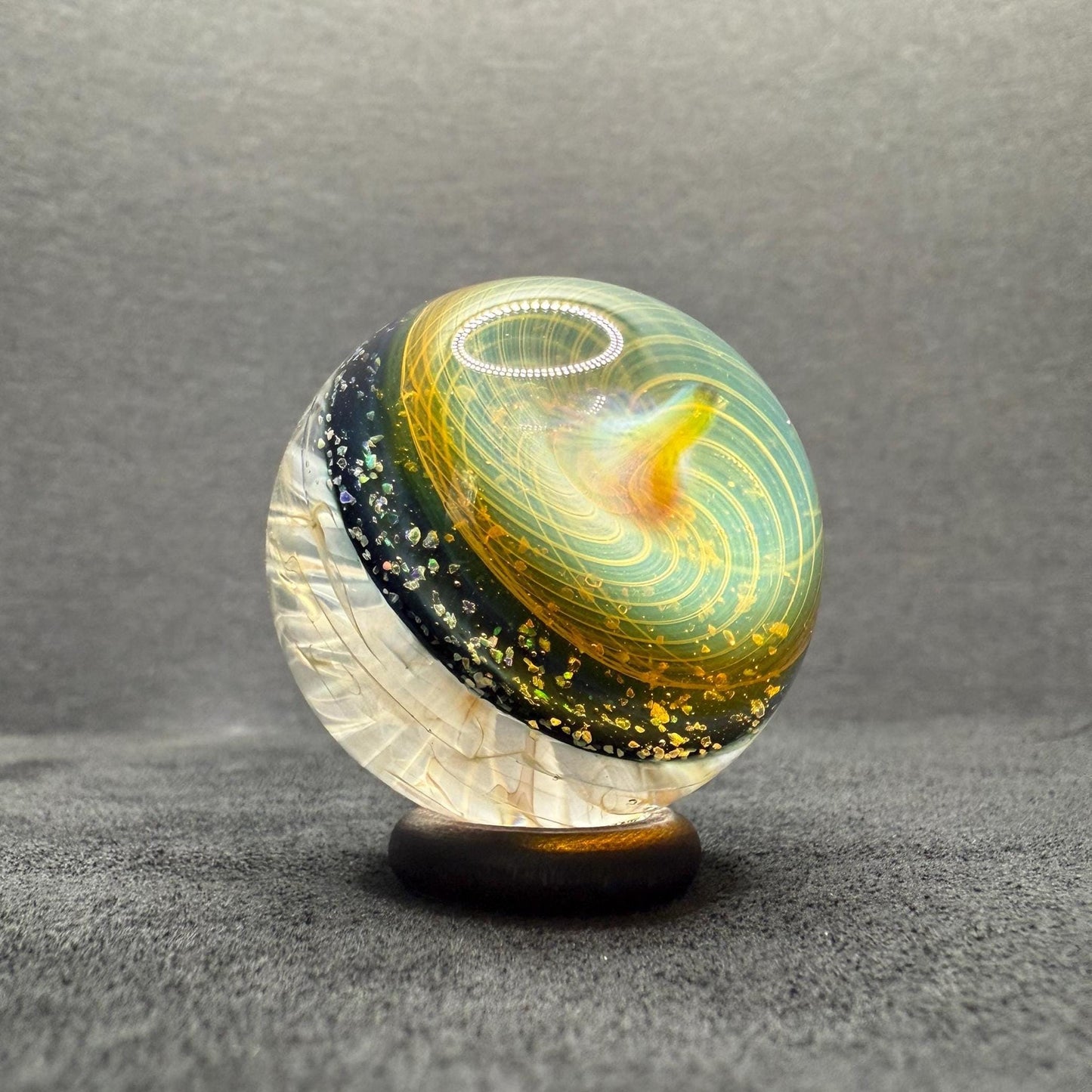 1.39 Inch Handcrafted Borosilicate Glass Marble with Chaos Silver Fume & Fumicello- Heady Glass Art Marble - Includes Wooden Display Stand