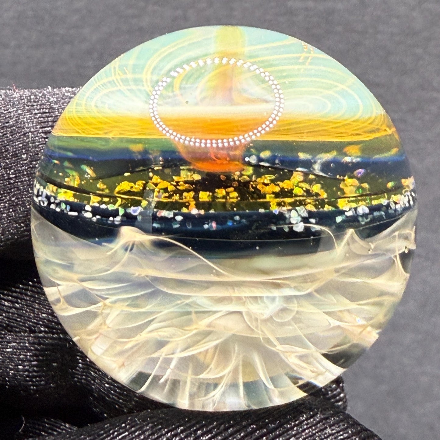 1.39 Inch Handcrafted Borosilicate Glass Marble with Chaos Silver Fume & Fumicello- Heady Glass Art Marble - Includes Wooden Display Stand